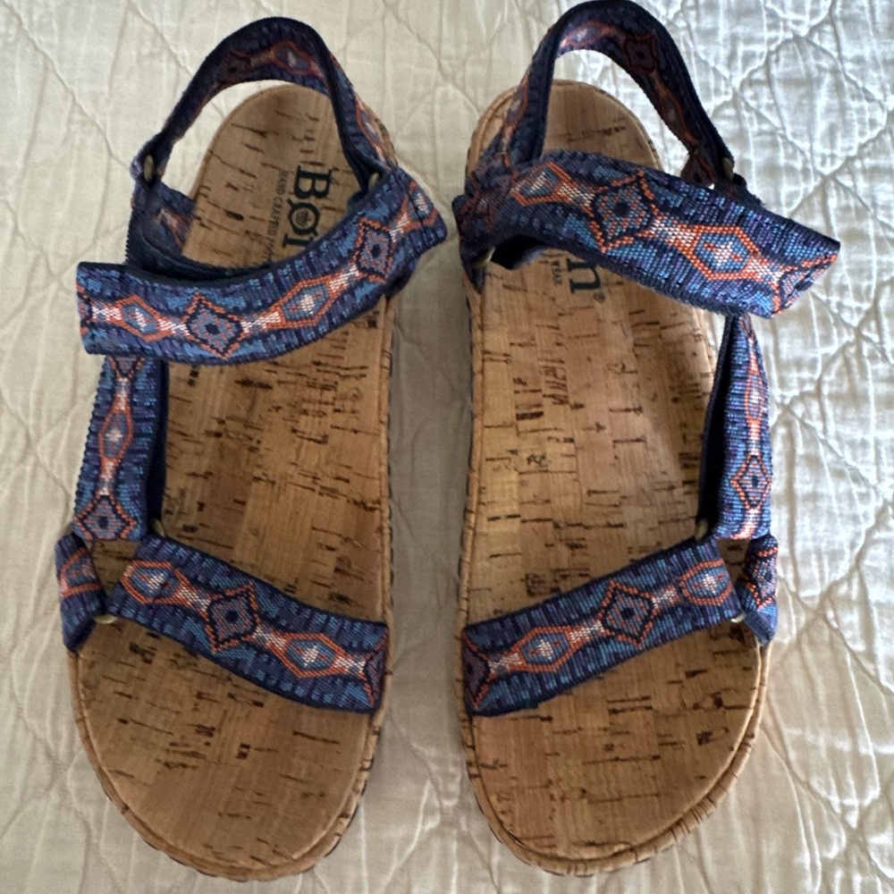 Born Navy and Orange Patterned Cork-Strap Sandals